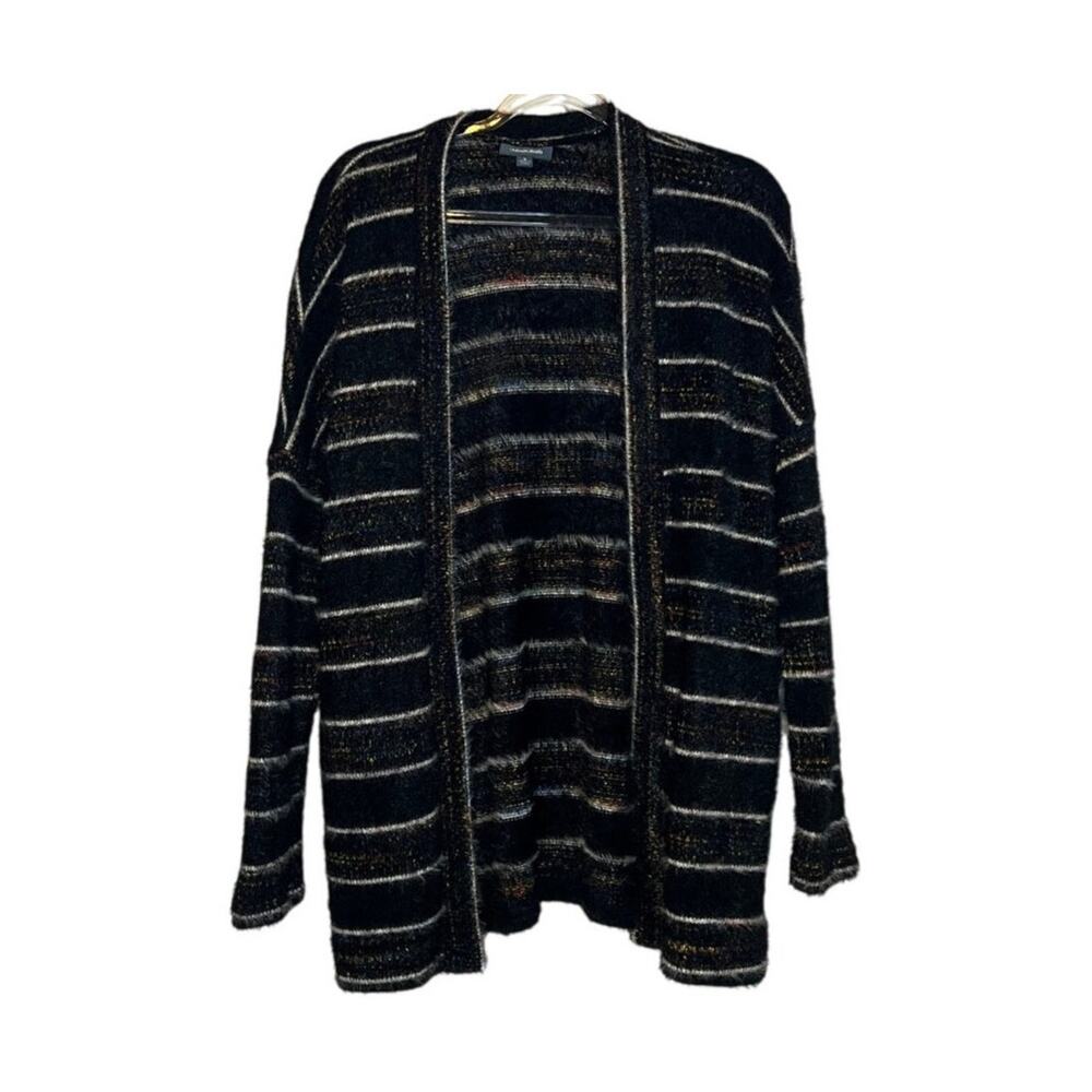 ModCloth Black Metallic Striped Cardigan Fuzzy Open Front Sweater S Soft Grunge - Picture 2 of 6
